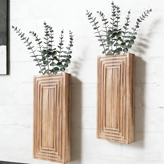 Wooden Wall Planter Vase, 2 Pack Brown Wood Hanging Vases with Fake Eucalyptus for Indoor Modern Boho Farmhouse Wall Art Decor for Home Indoor Kitchen Modern Farmhouse Bathroom