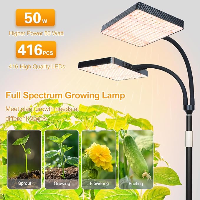 FECiDA 2026 2Head Floor Lamp Grow Light, Grow Lights with Stable Stand Base for Indoor Plants, Bonsai Tree, 4/8/12/16/20 Hr Timer, 50 Watt Power Draw, NO Need Adapter, 40"-76" Height Adjustable