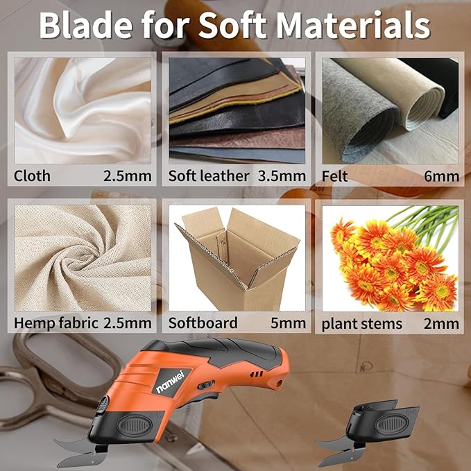 NANWEI Electric Scissors Cordless, Type-C Rechargeable Cardboard Cutter with 2 Blades, 4.2V High‑torque Motor, for Fabric Carpet Leather (Orange)