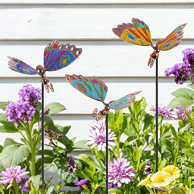 3 Pcs Butterfly Garden Stakes, 29" H Decorative Garden Stakes, Metal Yard Art for Outdoor Spring Lawn Patio Pathway Decor