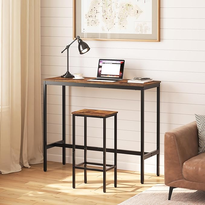 MAHANCRIS Set of 2 Bar Stools, 29.5" Tall Counter Bar Stools, Kitchen Breakfast Bar Chairs with Footrest, Rectangular Industrial Bar Chairs, for Dining Room, Rustic Brown and Black BAHR01701