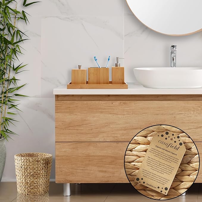 Casafield Set of 2 Water Hyacinth Waste Baskets - Natural, Round Woven Trash Can Bins for Bathroom, Bedroom, Laundry Room, Home Office