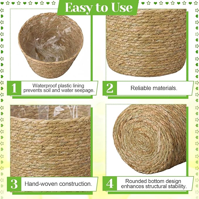 4 Pcs Straw Plant Baskets Indoor Rattan Woven Flower Baskets with Plastic Liner, Cattail Plant Planter for Indoor Outdoor Rustic Boho Home Farmhouse Floor Potted Pots Decor