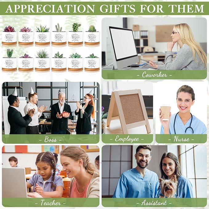 12 Pcs Inspirational Succulent Pots Thank You Gift Bulk for Women Employee Teacher Coworker Sometimes You Forget You're Awesome Small Ceramic Plant with Bamboo Trays for Office Staff Graduation