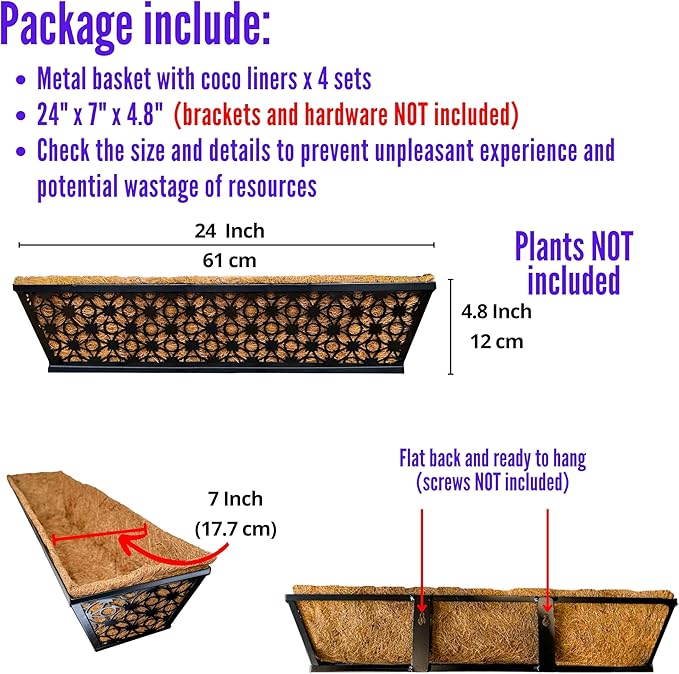 Maxona Window Boxes Planters to Attach to House, 4 Pack, 24 inch, Wall Planter for Outdoor Plants with Coco Liner, Black Metal Flower Basket Balcony Garden Fence Rail Railing Deck Patio Porch Décor