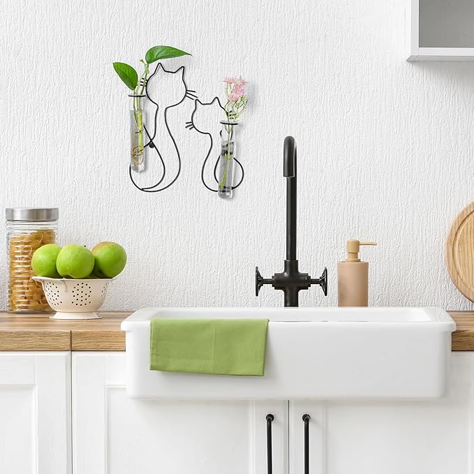 Wall Propagation Stations for Indoor Plants: Cat Design Glass Terrarium Planter Tubes for Cuttings Air Plants Small Flower Pothos Bud Vase - Gift for Women Plant Lovers