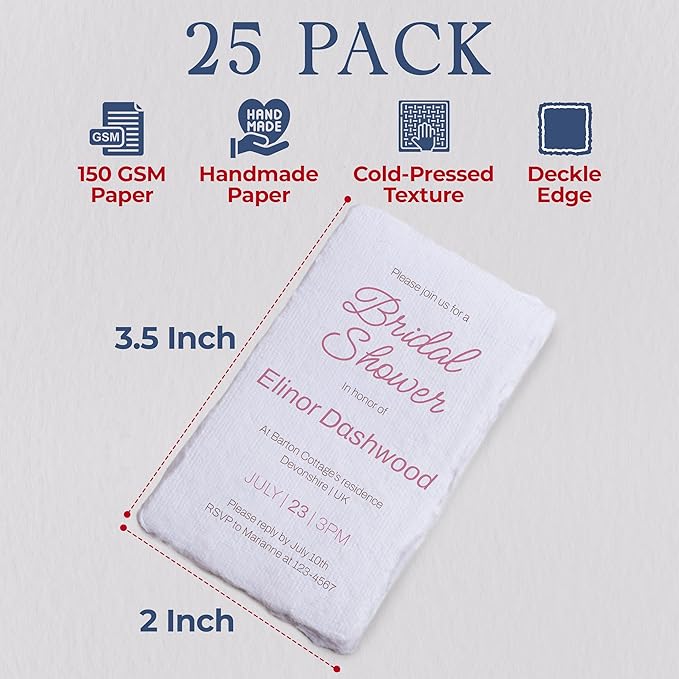 Wanderings Handmade Deckle Edge Tent Cards – Folded to 2"x3.5" – 150 GSM - 25-Pack – Textured Cotton Paper – Ideal for Blank Names, Table Settings, Gift Tags, Love Notes