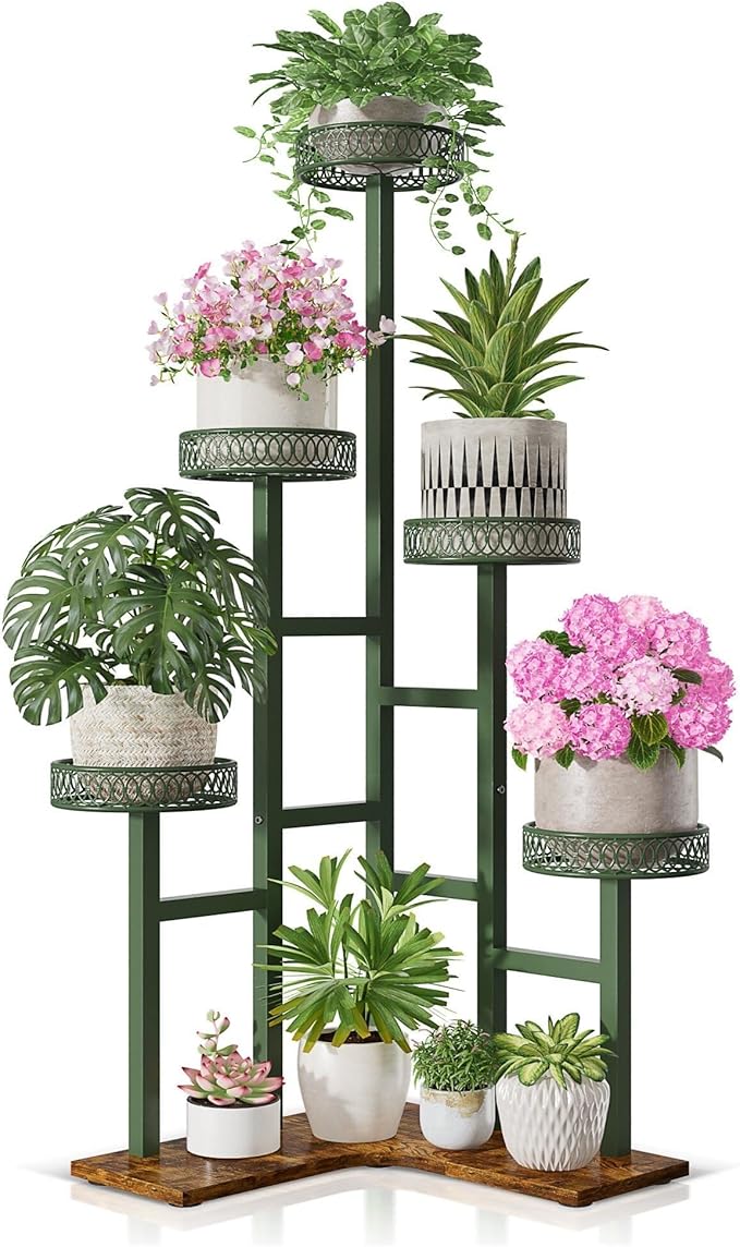 Plant Stand 6 Tier Indoor Metal Wood Flower Shelf for Indoor Outdoor Corner Tall Flower Holders for Garden Balcony Living Room Bedroom