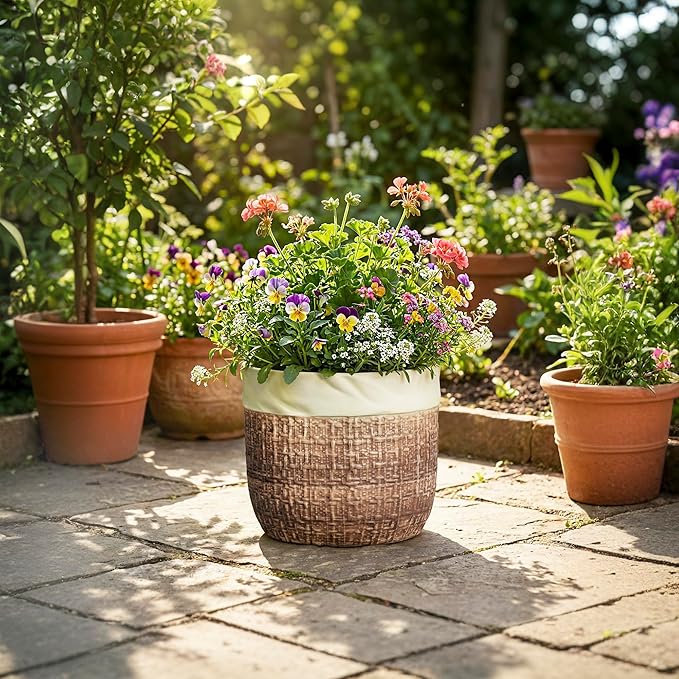 Ceramic Planter - 9.8 Inch Plant Pot for Indoor Outdoor Plants, Boho Ceramic Plant Pots with Drainage Hole and Plug, Round Indoor Planter, Garden Decor, Gardening Gifts for Women, Brown