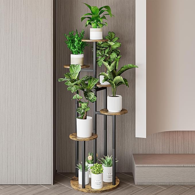 INGIORDAR Plant Stand Indoor Outdoor Corner Plant Shelf for Multiple Flower Pots Flower Stand Holder for Patio Garden Balcony Living Room (Black+Rustic Brown, 6 Tier)