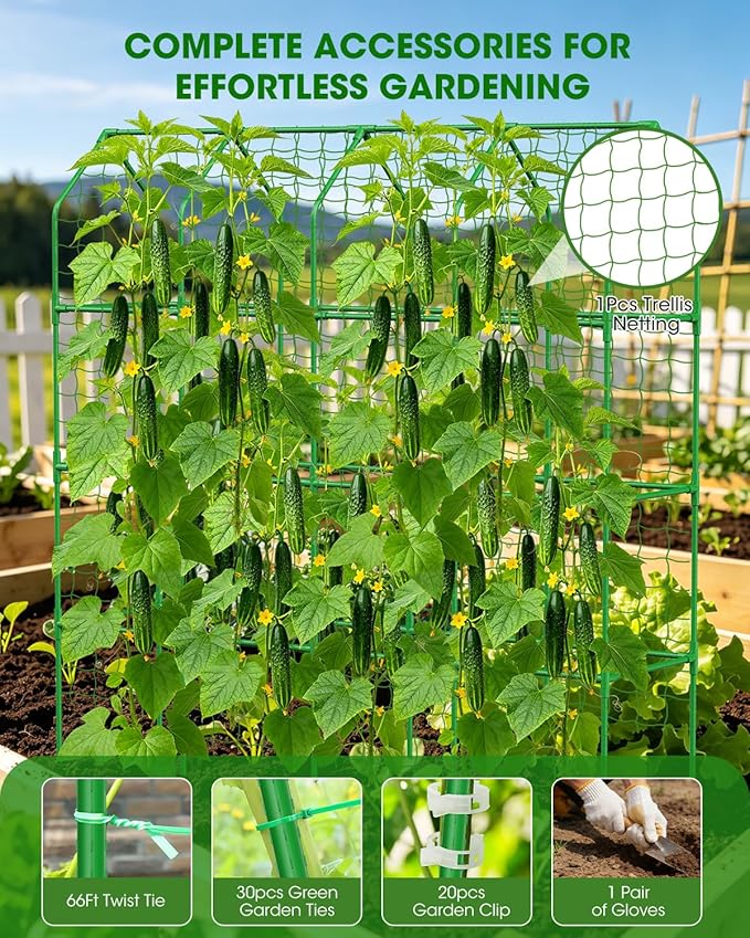 65" Cucumber Trellis for Climbing Plants Outdoor, Metal Garden Trellis for Raised Bed, Plant Support Structures with Netting for Cucumbers Tomatoes Beans Peas (67 * 17 * 65inch(L*W*H), Trellis)