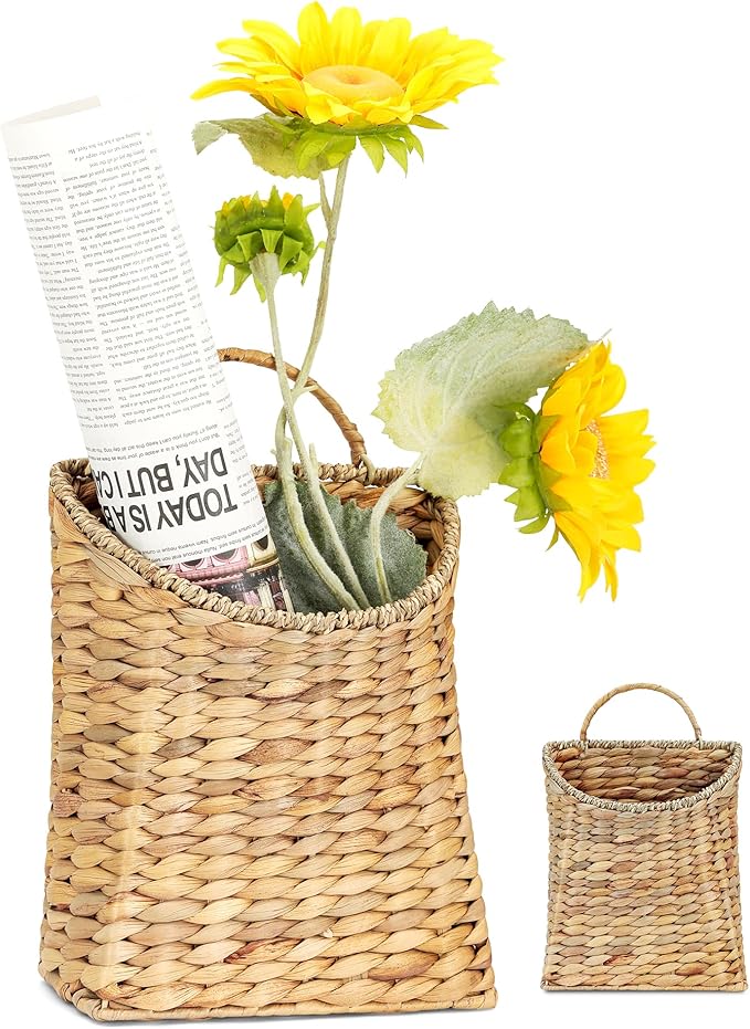 Front Door Basket - Rustic Farmhouse Hanging Door Basket, 13x8.5 Inch Water Hyacinth Hanging Woven Basket with Seagrass Mouth for Plants, Mail & Flowers Storage, Entryway Home Decor