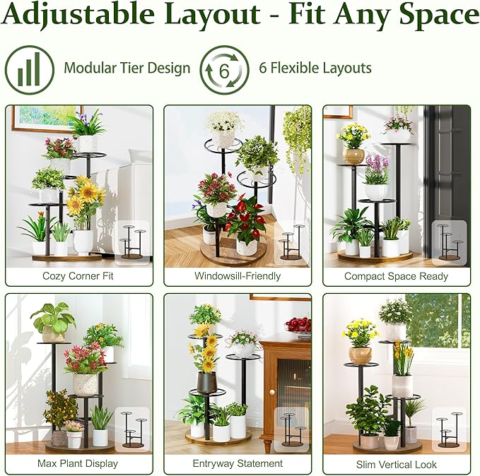3 Tier Plant Stand Indoor Outdoor,Tiered Plant Stands,Wood Plant Shelf for Multiple Plants, Wrought Iron Flower Stand, Tall Plant Rack Shelf for House Patio Garden - BlackKite