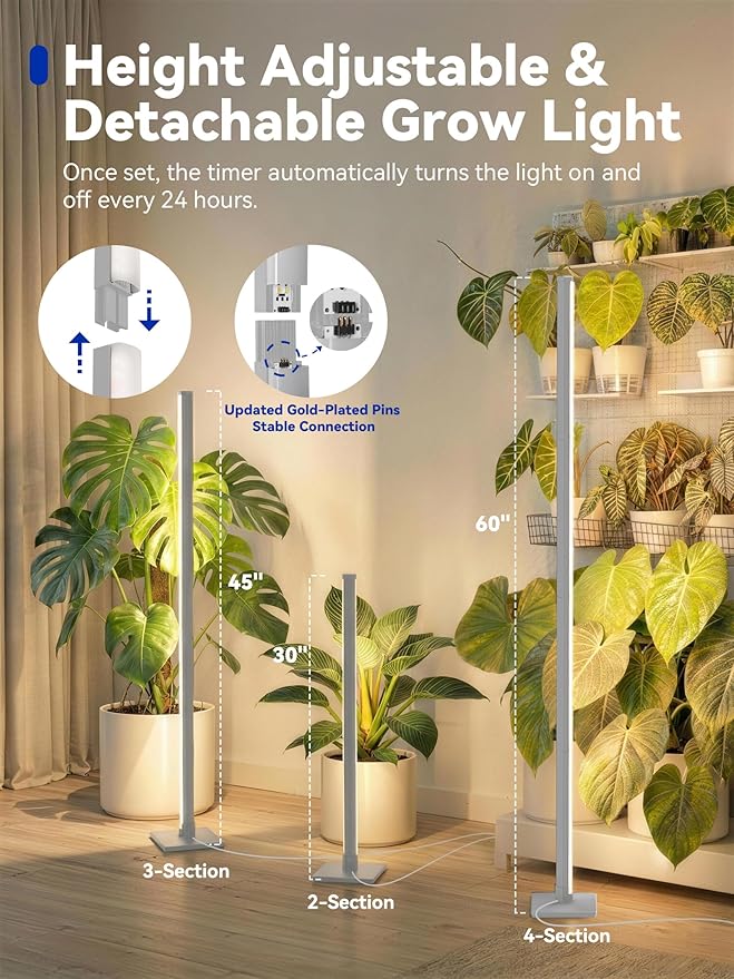 GLOWRIUM Grow Lights for Indoor Plants, 36W Vertical Plant Grow Lights with Auto-Timer, Full Spectrum LED Standing Plant Grow Light, 3 Light Modes, 6-Level Dimmable (60 in(Silver))