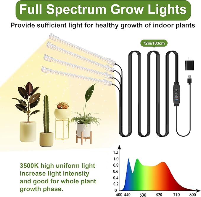 8.6'' LED Grow Light Strips, Full Spectrum 3500K Grow Lights for Indoor Plants, 4 Head with 3/9/12H Timer, 10 Dimmable Levels, Suitable for Seedling, Succulent, Plant Shelf and Greenhouse, 2-Pack