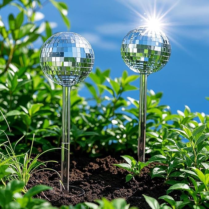 2 Pcs Plant Watering Globes with Disco Ball Decor,Self Watering Bulbs,Self Watering Globes,Sliver Glass Mirror Disco Ball Plant Aqua Bulb,Watering Stakes Spikes Water Bulbs for Indoor Outdoor Plant