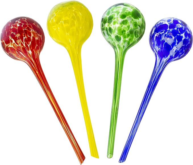 Maxam Wyndham House, 4 piece Watering Globe Set, Colorful Hand-Blown Glass Plant Watering System