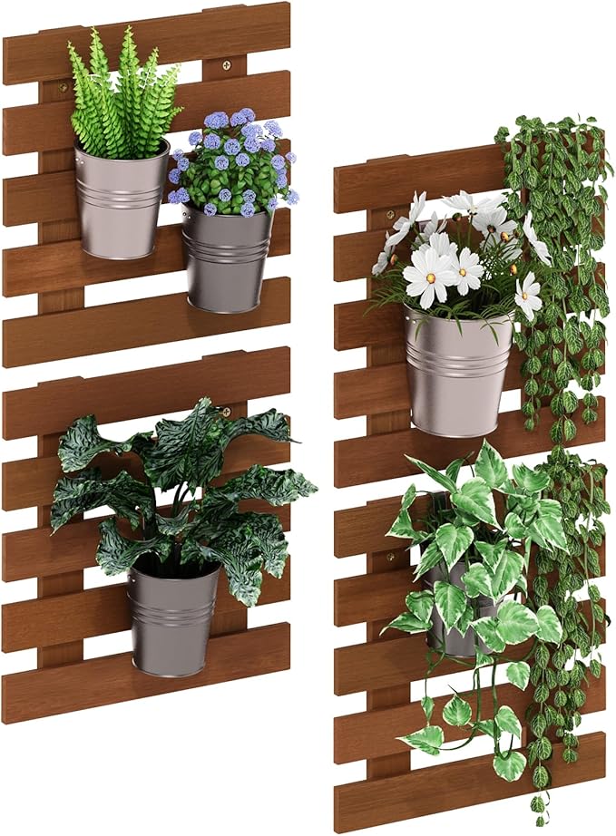 Furinno TIOMAN Outdoor Vertical Wall Planter, Set of 4 Wooden Hanging Planters, for Indoor, Outdoor Plants, Balcony, Patio, Light Wood