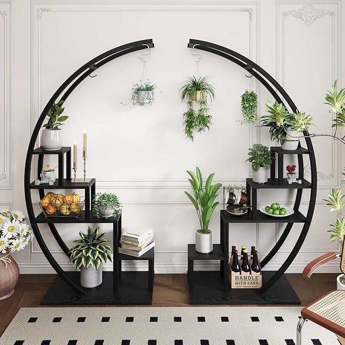 GarveeLife Plant Stand Indoor 5 Tier Tall, Metal Half Moon Plant Shelf 2 Pack, Stylish Tiered Flower Rack for Multiple Plants Display, Tall and Space-Saving Design