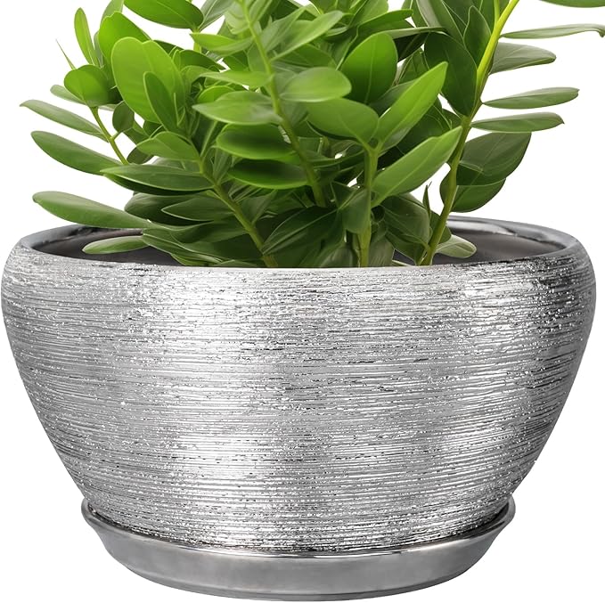 Ceramicfor Flower Pot for Indoor Plants - Ceramic Planter 11 Inch Plant Pot with Drainage Hole and Saucer Large Decorative Planter Outdoor Mid-Century Planter for House Decor Silver