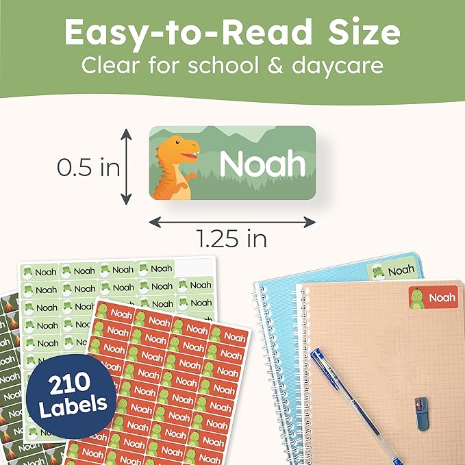 Personalized Name Labels for Kids (210 Labels) - Durable & Waterproof Custom Name Stickers for Clothing Tags, School Supplies, Camp & Daycare - Jurassic (1.2”x0.5”)