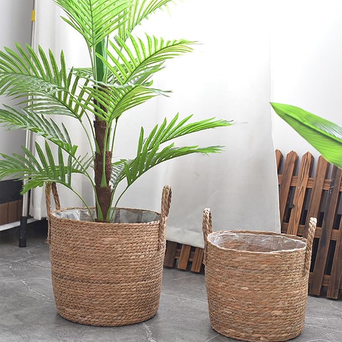 Woven Straw Flower Pot, Sea-Grass Planter Basket, Wicker Rattan Vase Sundries Organizers Storage Bins, Hand Woven Basket Planter with Plastics Liners and Handle - XL 9.84x9.84x11.41in