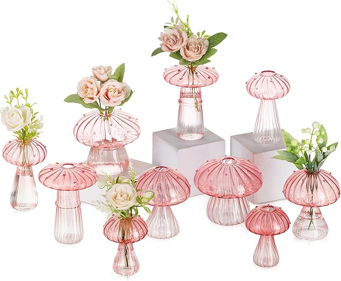 Glasseam Pink Glass Mushroom Vase: Cute Small Flower Vase Set of 10 Unique Mini Bud Vases for Centerpieces Decorative Vases for Flowers Funky Plant Vase Decor