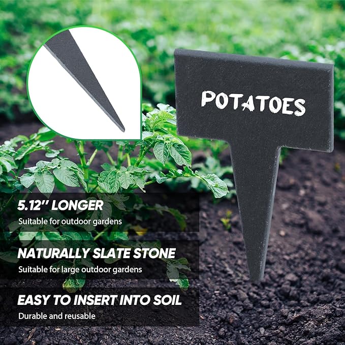 Wesiti 12 Pcs Reusable Slate Plant Labels T Type Plant Tags Garden Label Stakes Waterproof Garden Signs with Stone Chalks