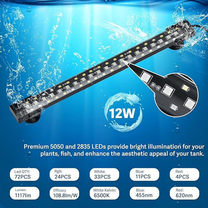 hygger 24/7 Mode Submersible Aquarium LED Light, Full Spectrum Hidden Fish Tank Light with 3 Rows Beads 7 Colors Auto On Off Sunrise-Daylight-Moonlight, Adjustable Timer Brightness