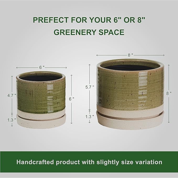 HERDUK 6 + 8 Inch Plant Pots, Ceramic Planter Pot with Drainage Hole & Saucer, Indoor/Outdoor Cylinder Round Planter Pot, Green
