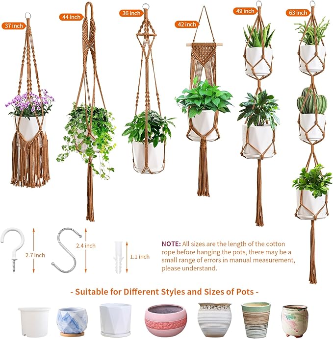 SFENNGPET Macrame Plant Hangers, 6Pack Hanging Planters for Indoor Plants w/ 6 Set Hangers Kit Handmade Macromay Plant Hangers Indoor Flower Pots Holder Stand for Boho Home Décor (POTS NOT Included)