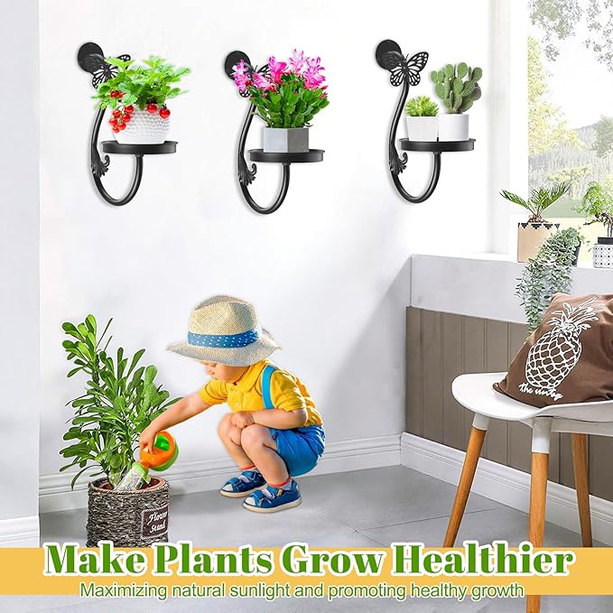Wall Plant Holder Indoor, Metal Hanging Planters Hanger Floating Flower Display Stand for Window, Plant Shelves Hanging Plant Holder Window Plant Hanger Plant Decor Black (Butterfly-3Pc)