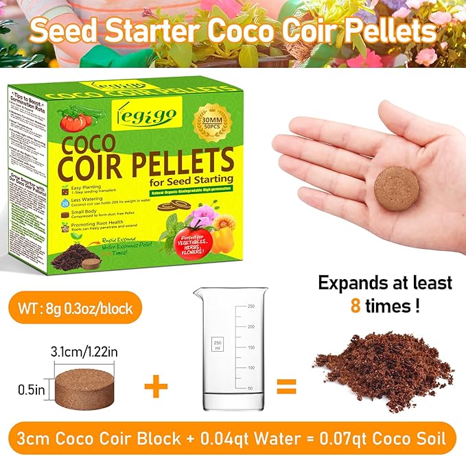 Legigo 50 Pcs 30mm Coco Coir Pellets Seed Starter Soil Mix- Organic Coconut Coir Potting Soil Pods for Seedling, Coco Peat Soil Discs for Indoor & Outdoor Plants Bonsai Herbs Vegetables and Flowers