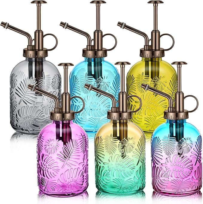 Sliner 6 Pack Glass Plant Mister Spray Bottles 7.7" Tall Glass Water Spray Bottle 12.2 oz Hand Pump Sprayer Fine Mist Watering Can with One Hand Top Pump for Indoor & Outdoor Houseplants (Bronze)