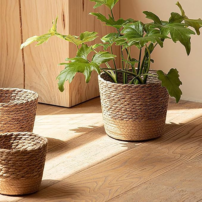Jute Rope Plant Basket Indoor Modern Woven Flower Pot Basket Seagrass Storage Organizer Planter Rustic Decorative Plant Containers Cover Laundry Bin for Porch Living Room Entryway (6.1×6.1×4.33Inch)
