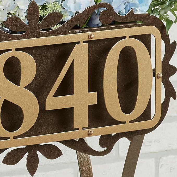Floret Personalized Metal Planter Stand | Indoor, Porch, Patio, or Outdoor Use | Custom Family Last Name or House Address Numbers | Gold and Bronze Durable Finish | Raised Planter Stand