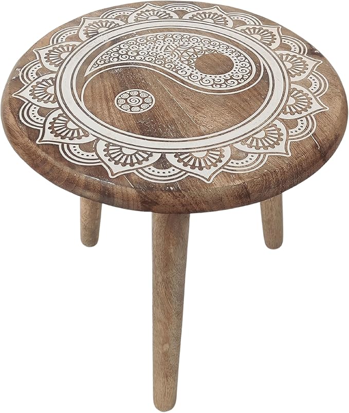 VANIYA CRAFTS® Wooden Engraved Fold-able Side Table/End Table/Plant Stand/Stool for Living Room Bedroom Restaurant Kids Play Furniture Table Round Shape (Natural White)