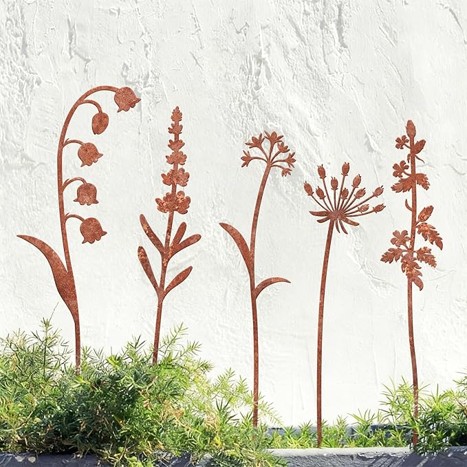 5 Pack Rust - Colored Metal Plant Stakes, Decorative Garden Stakes for Flower Bed & Yard, Metal Flower Decor for Outdoor Use, Yard Decor & Decorative Plant Stakes for Garden (Flowers, 5)