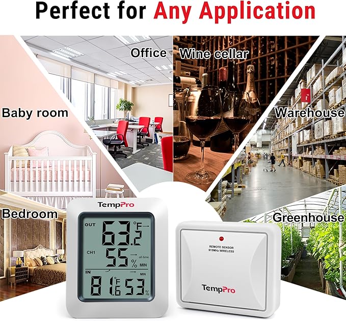TempPro TP60-2 Digital Hygrometer Indoor Outdoor Thermometer Wireless Temperature and Humidity Gauge Monitor Room Thermometer with 500ft/150m Range Humidity Meter (Previously ThermoPro)