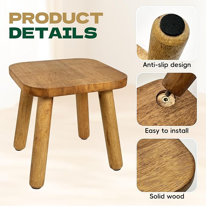 YEXEXINM 2 Pack Small Wooden Step Stools 9 Inch, Non-Slip One Step Stool Holds 300 lbs, Sturdy Bathroom Stool Plant Stand Square Footstool for Bedroom, Bathroom, Nursery, Easy Assembly