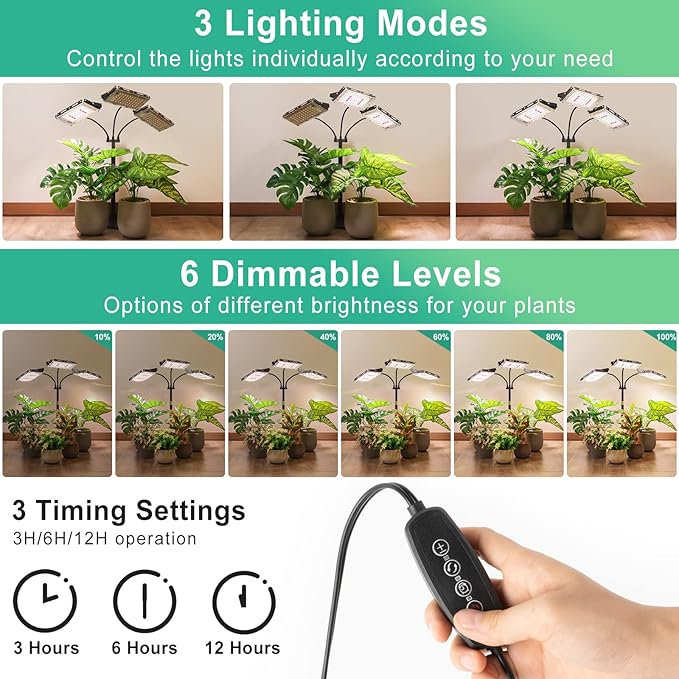 LBW Grow Light for Indoor Plant,Full Spectrum Tri-Head Desk Plant Light,Grow Lamp with 3H/6H/12H Timer,6-Level Brightness,3 Lighting Mode,Height Adjustable,Flexible Gooseneck,Ideal for Indoor Growth