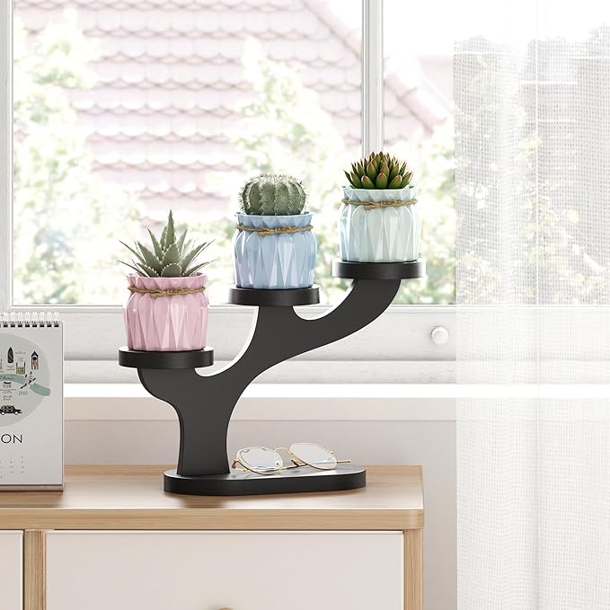 Bamboo Tabletop Plant Stand Indoor, 3 Tier Wood Desktop Small Plant Shelf Window Sill Flower Holder Mini Tiered Plant Display Rack for Patio Balcony Living Room Decor (black)