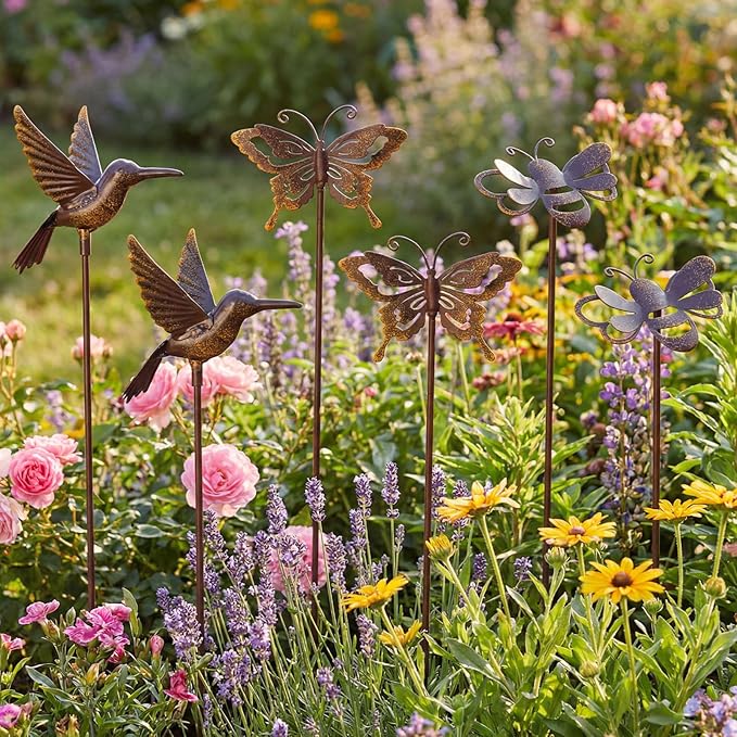 AceOrbit 6 Pcs Rusty Yard Stakes Spring Decor 11.8" Metal Butterfly Hummingbird Bee Stakes Rust Proof Plant Sticks Flowers Bed Decor for Farmhouse Outdoor Yard Lawn Patio Walkway Pathway (Insect)