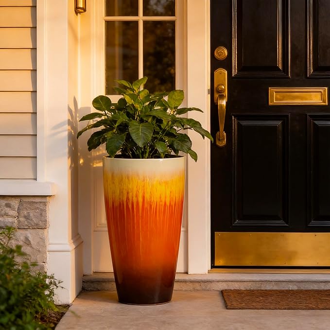 21 inch Tall Planter, Set of 2 Tall Planters for Outdoor & Indoor Plants, Large Outdoor Planters for Front Porch, Patio, Garden (Orange Flowing Glaze)
