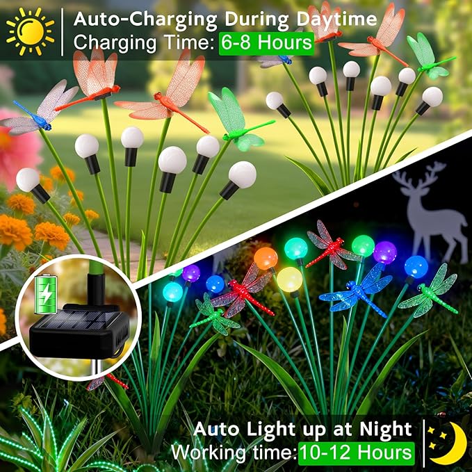 4 Pack Dragonfly Decorative Garden Stakes, 16Pcs 3D Dragonfly Decorations with Multicolor Solar Firefly Lights Realistic Dragonflies Solar Lights Outdoor for Yard Art Patio Plant Pot Flower Bed Lawn