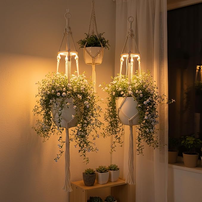 Hanging Plant Grow Lights for Indoor Plants with Timer, Wall Mounted Full Spectrum Pendant Growing Light with Macrame Plant Hanger, Ceiling LED Planta Luz for Potted Plants Home Decor(2 Pack)