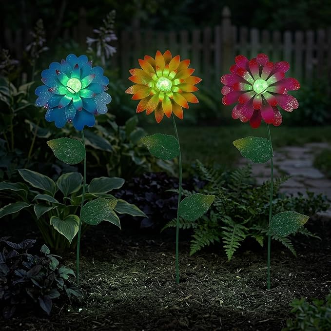TZSSP 3-Pack Floral Garden Stakes Decor Tricolor Outdoor Glow in Dark,14 inch Metal Flowers Outdoor Decor Waterproof Metal Flower Sticks for Patio, Lawn, Yard Decorations