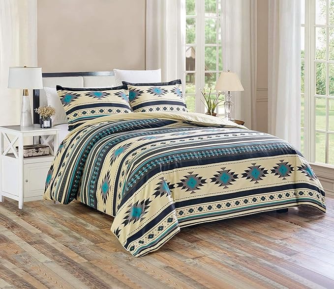 Chezmoi Collection 3-Piece Southwestern Geometric Tribal Multicolor Teal Beige Black Gray Comforter Set, King Size