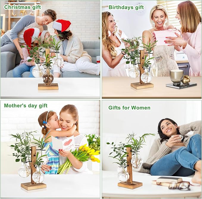 Plant Propagation Station with 4 Glass Vases & Wood Stand, Hydroponic Air Planter for Indoor Plants, Unique Gardening Gift for Women & Plant Lovers, Desktop Terrarium for Home Decor