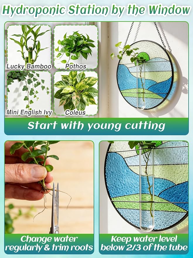 Stained Glass Propagation Stations - Sunshine Catcher Window Hanging Plant Holder, Terrariums Wall Decor for Women Mom Plant Lovers Gardening Gifts, Blue